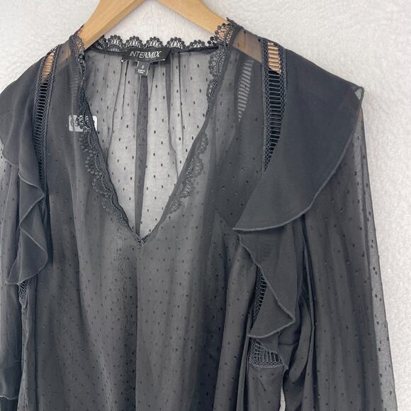 INTERMIX Top S Silk Chiffon Sheer Swiss Dot V-Neck Ruffle Long Sleeve Black - Picture 6 of 11